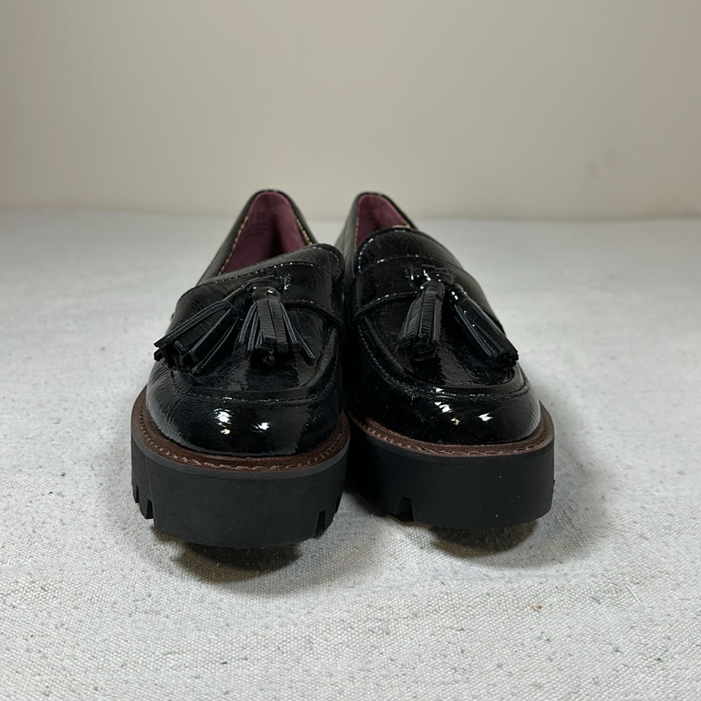 Franco Sarto Black Patent Tassel Lug Sole Loafers - Picture 12 of 13